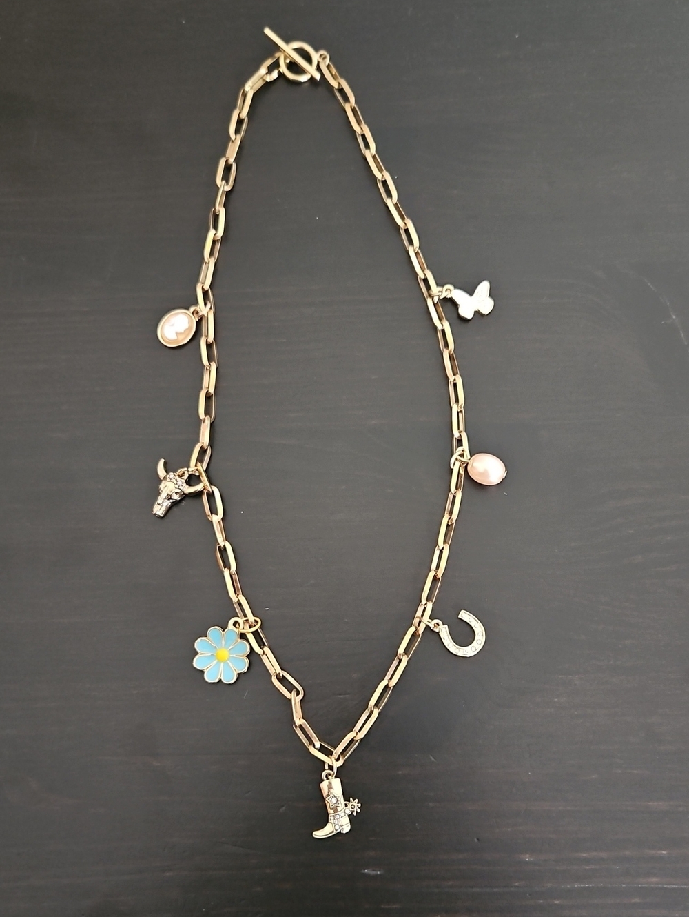 Source Unknown Gold-Tone Charm Necklace with Blue Flower and Pink Accents